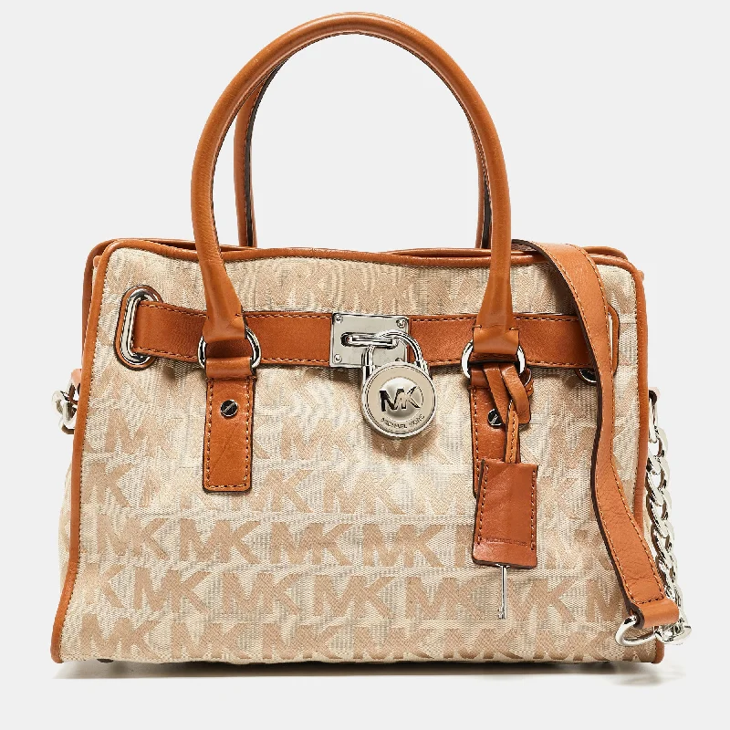 Michael Michael Kors Bags for model castings to make a statementBeige/Brown Signature Canvas and Leather Hamilton Lock Tote