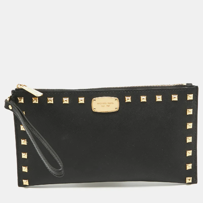 Michael Michael Kors Bags for art exhibitions to complement the art - inspired lookBlack Leather Studded Logo Wristlet Pouch