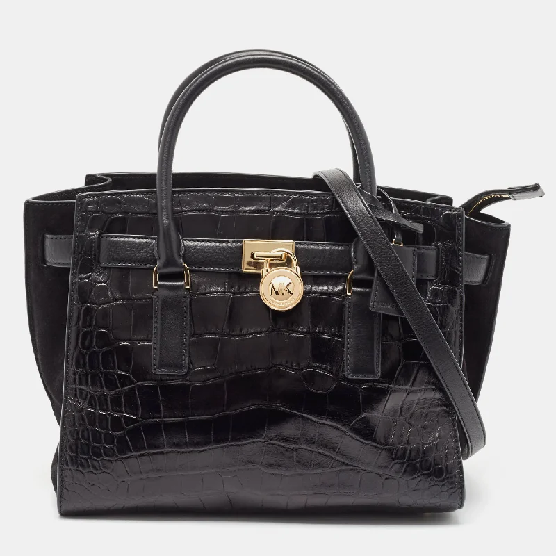 Michael Michael Kors Bags for food festivals with a design that can hold food - related itemsBlack Croc Embossed Leather Hamilton Tote