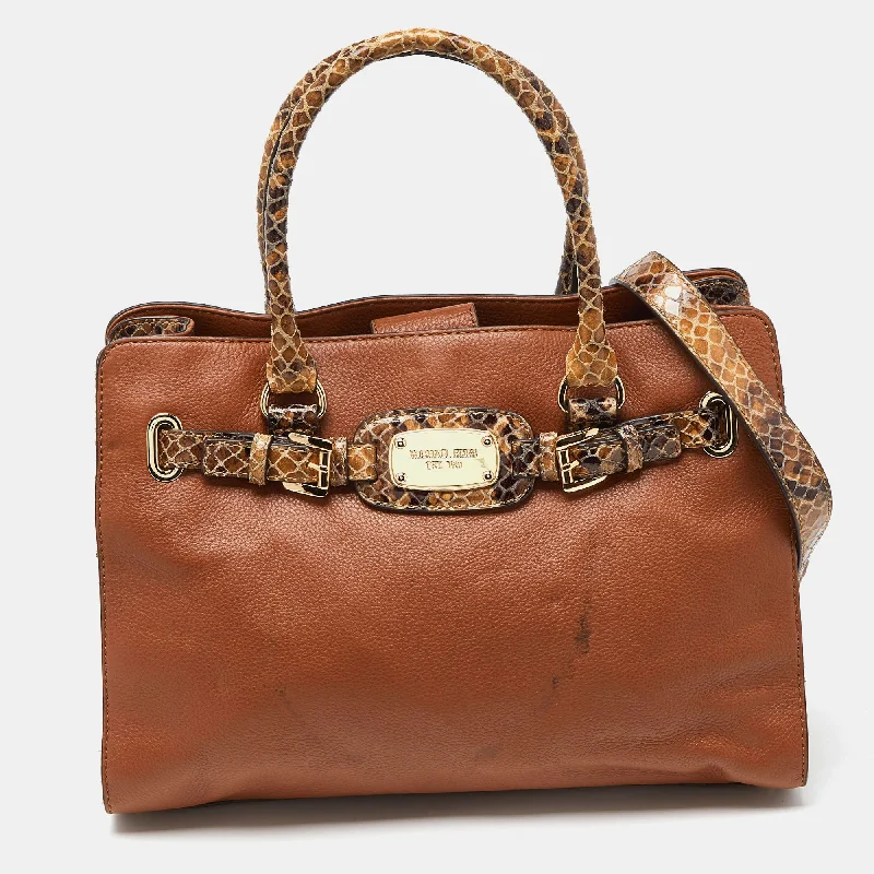 Michael Michael Kors beach bags with water - resistant materialBrown Snakeskin Embossed Leather Hamilton Tote