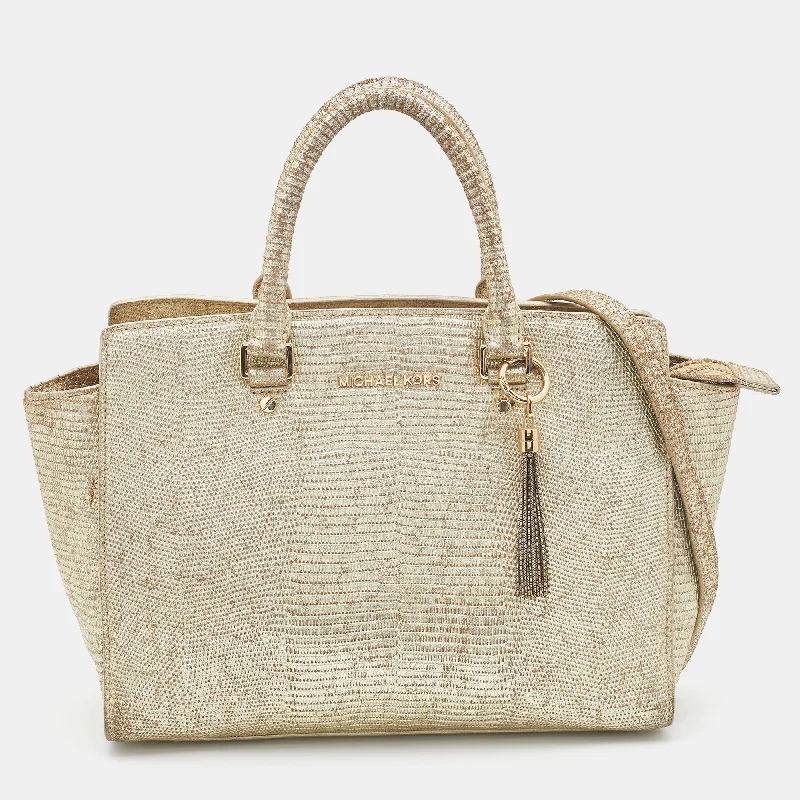 Michael Michael Kors Bags for group trips to stand out from the crowdGold Snakeskin Embossed Leather Large Selma Satchel