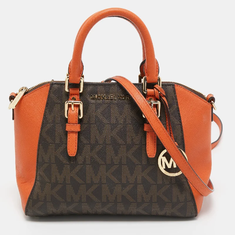 large capacity Michael Michael Kors tote bags for weekend getawaysOrange/Brown Signature Coated Canvas and Leather Medium Ciara Satchel