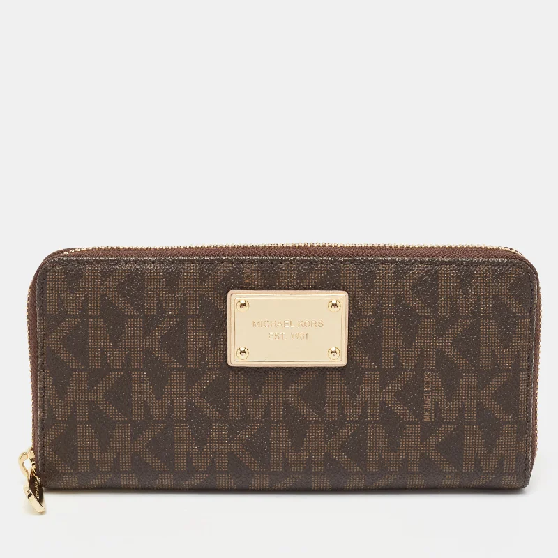 Michael Michael Kors Bags with zip - top closures for added securityBrown Signature Coated Canvas Logo Zip Around Wallet