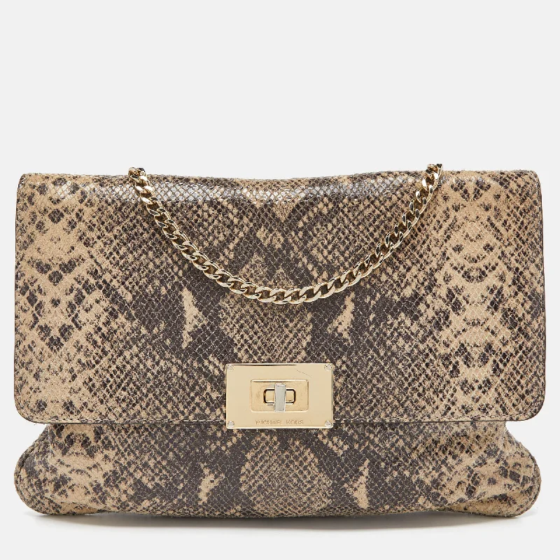 Michael Michael Kors Bags for cultural events in a style that reflects the occasionBeige Python Effect Leather Oversized Sloan Chain Clutch