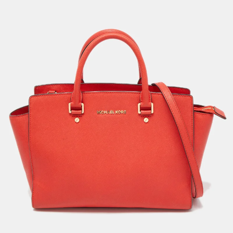 Michael Michael Kors Bags for solo travelers for a sense of luxury on the goRed Saffiano Leather Large Selma Satchel