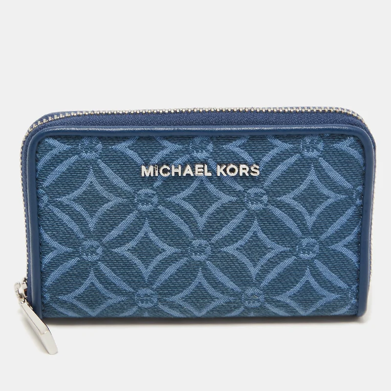 Michael Michael Kors Bags for theater performances in a sophisticated and elegant styleBlue Monogram Jacquard Canvas and Leather Zip Around Card Case