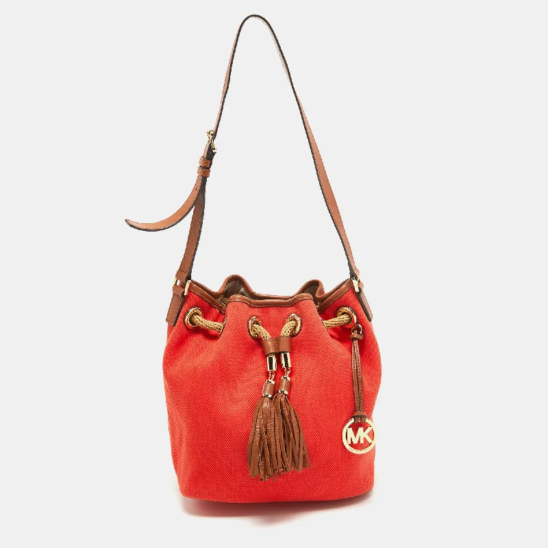 Michael Michael Kors travel bags with multiple compartmentsMichael Kors Orange/Brown Canvas and Leather Marina Drawstring Bag