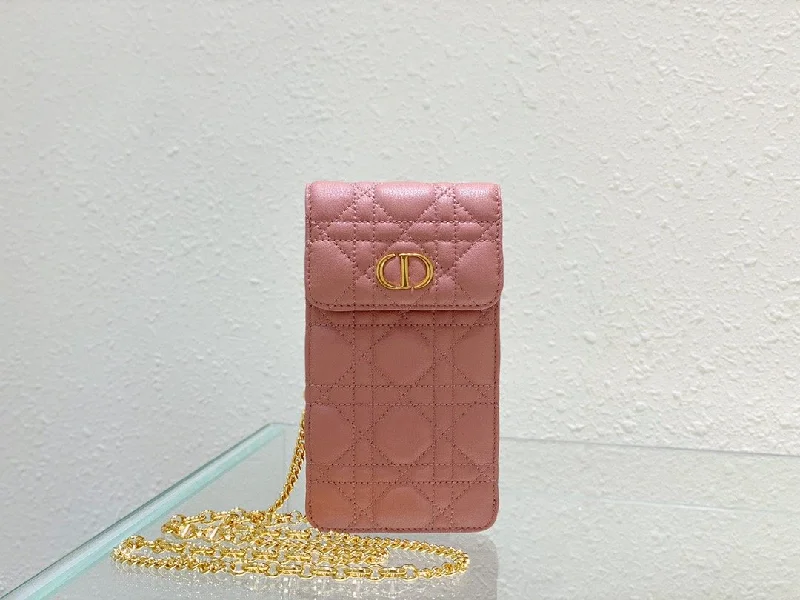 High - fashion Christian Dior bags with a geometric patternChristian Dior Caro Phone Holder With Chain Pink