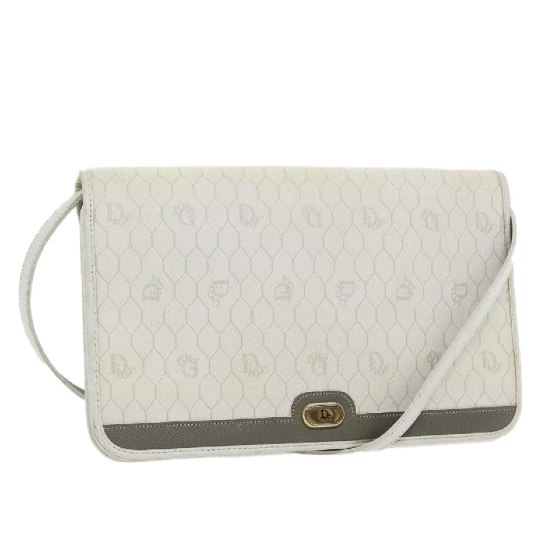 Christian Dior Saddle bags with a distressed leather finishCHRISTIAN DIOR Honeycomb Canvas Shoulder Bag PVC Leather White Gold Auth 85691