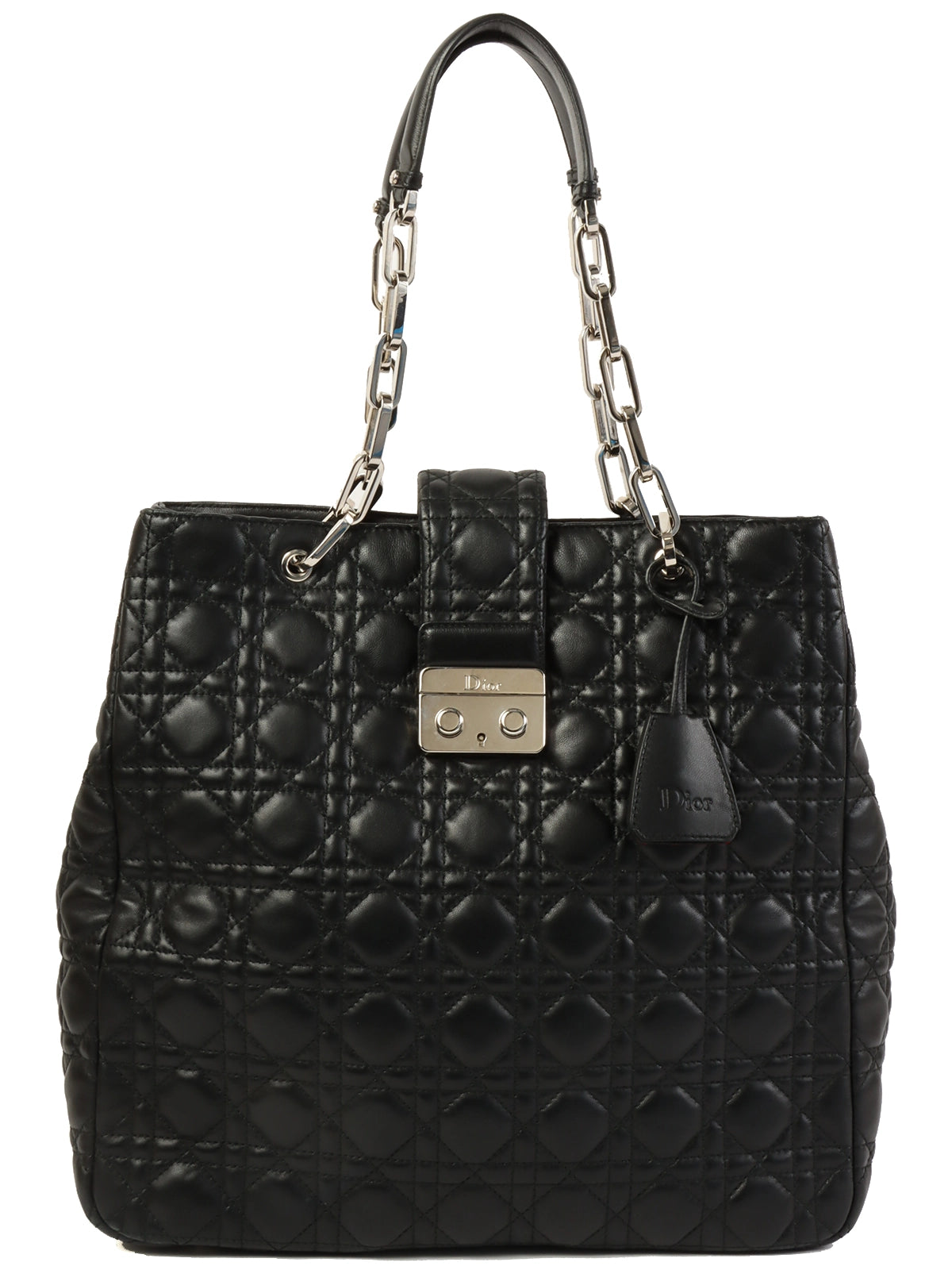 Stylish Christian Dior shoulder bags with a tassel - adorned zipperDIOR Cannage Stitch Logo Plate Chain Tote Bag Black