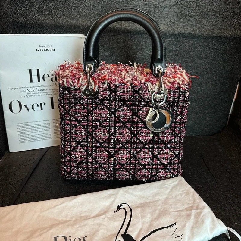 Dior Lady Dior 25cm Pink Black Woolen Bag