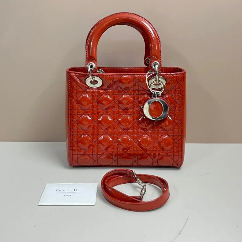 Christian Dior handbags with a snap - button closure and a decorative buckleDior Lady Dior Medium Red Patent Leather 2Way Bag