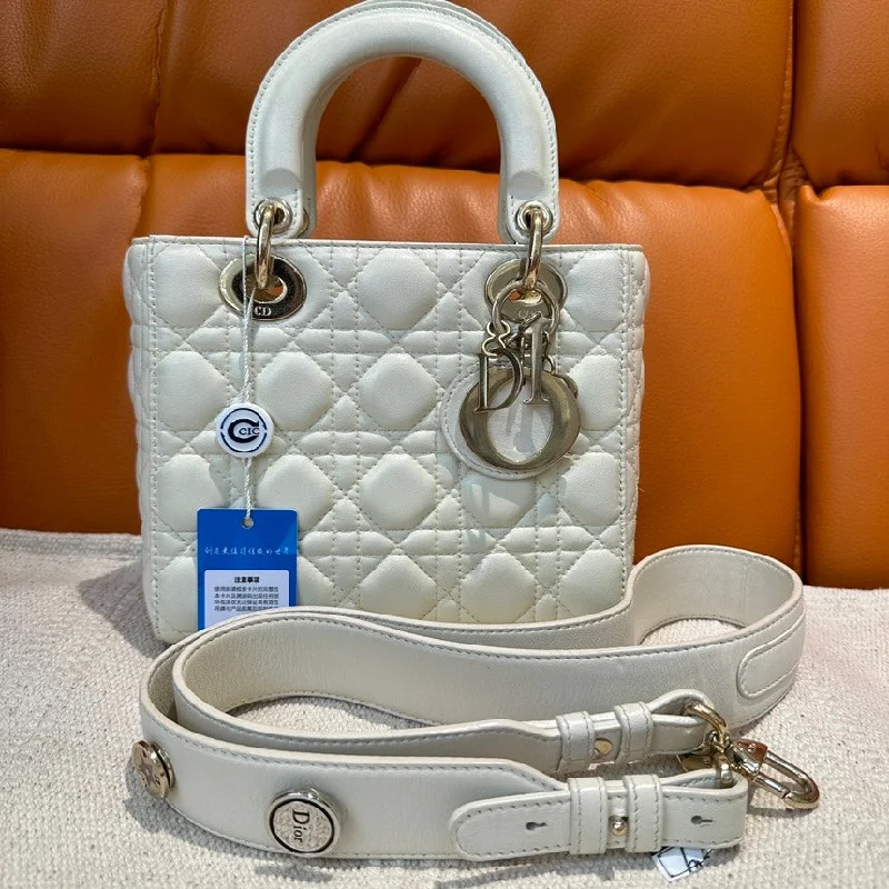 Christian Dior handbags with a back - pocket for quick storageDior Lady Dior White Leather Quilted Handbag With Strap