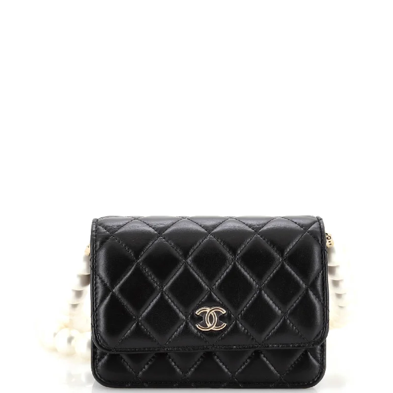 Christian Dior handbags with a snap - button closure and a decorative bucklePearl Strap CC Wallet on Chain Quilted Calfskin Mini